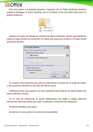 Curso Excel 2010 – Alfredo Rico – RicoSoft 2011 172
Para ello vamos a la pestaña Insertar y hacemos clic en Tabla dinámica (también
podemos desplegar el menú haciendo clic en la flecha al pie del botón para crear un
gráfico dinámico).
Aparece el cuadro de diálogo de creación de tablas dinámicas. Desde aquí podremos
indicar el lugar donde se encuentran los datos que queremos analizar y el lugar donde
queremos ubicarla.
En nuestro caso indicamos que vamos a seleccionar los datos de un rango de celdas
y que queremos ubicarla en una hoja de cálculo nueva.
Podríamos crear una conexión con otra aplicación para obtener los datos desde otra
fuente diferente a Excel.
En el caso de seleccionar la opción Selecciona una tabla o rango debemos
seleccionar todas las celdas que vayan a participar, incluyendo las cabeceras.
Pulsamos Aceptar para seguir.
Se abrirá un nuevo panel en la derecha de la pantalla:
 