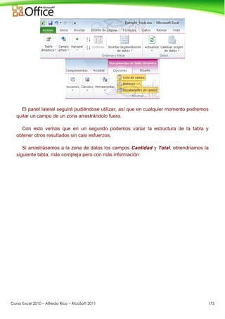 Curso Excel 2010 – Alfredo Rico – RicoSoft 2011 175
El panel lateral seguirá pudiéndose utilizar, así que en cualquier momento podremos
quitar un campo de un zona arrastrándolo fuera.
Con esto vemos que en un segundo podemos variar la estructura de la tabla y
obtener otros resultados sin casi esfuerzos.
Si arrastrásemos a la zona de datos los campos Cantidad y Total, obtendríamos la
siguiente tabla, más compleja pero con más información:
 