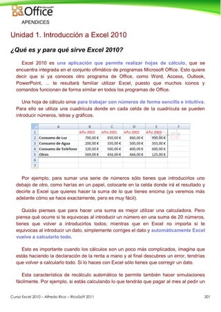 Curso Excel 2010 – Alfredo Rico – RicoSoft 2011 201
APENDICES
Unidad 1. Introducción a Excel 2010
¿Qué es y para qué sirve Excel 2010?
Excel 2010 es una aplicación que permite realizar hojas de cálculo, que se
encuentra integrada en el conjunto ofimático de programas Microsoft Office. Esto quiere
decir que si ya conoces otro programa de Office, como Word, Access, Outlook,
PowerPoint, ... te resultará familiar utilizar Excel, puesto que muchos iconos y
comandos funcionan de forma similar en todos los programas de Office.
Una hoja de cálculo sirve para trabajar con números de forma sencilla e intuitiva.
Para ello se utiliza una cuadrícula donde en cada celda de la cuadrícula se pueden
introducir números, letras y gráficos.
Por ejemplo, para sumar una serie de números sólo tienes que introducirlos uno
debajo de otro, como harías en un papel, colocarte en la celda donde irá el resultado y
decirle a Excel que quieres hacer la suma de lo que tienes encima (ya veremos más
adelante cómo se hace exactamente, pero es muy fácil).
Quizás pienses que para hacer una suma es mejor utilizar una calculadora. Pero
piensa qué ocurre si te equivocas al introducir un número en una suma de 20 números,
tienes que volver a introducirlos todos; mientras que en Excel no importa si te
equivocas al introducir un dato, simplemente corriges el dato y automáticamente Excel
vuelve a calcularlo todo.
Esto es importante cuando los cálculos son un poco más complicados, imagina que
estás haciendo la declaración de la renta a mano y al final descubres un error, tendrías
que volver a calcularlo todo. Si lo haces con Excel sólo tienes que corregir un dato.
Esta característica de recálculo automático te permite también hacer simulaciones
fácilmente. Por ejemplo, si estás calculando lo que tendrás que pagar al mes al pedir un
 