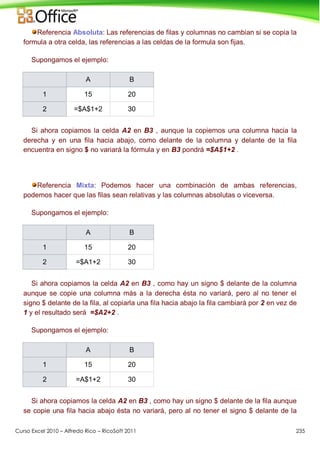 Curso Excel 2010 – Alfredo Rico – RicoSoft 2011 235
Referencia Absoluta: Las referencias de filas y columnas no cambian si se copia la
formula a otra celda, las referencias a las celdas de la formula son fijas.
Supongamos el ejemplo:
A B
1 15 20
2 =$A$1+2 30
Si ahora copiamos la celda A2 en B3 , aunque la copiemos una columna hacia la
derecha y en una fila hacia abajo, como delante de la columna y delante de la fila
encuentra en signo $ no variará la fórmula y en B3 pondrá =$A$1+2 .
Referencia Mixta: Podemos hacer una combinación de ambas referencias,
podemos hacer que las filas sean relativas y las columnas absolutas o viceversa.
Supongamos el ejemplo:
A B
1 15 20
2 =$A1+2 30
Si ahora copiamos la celda A2 en B3 , como hay un signo $ delante de la columna
aunque se copie una columna más a la derecha ésta no variará, pero al no tener el
signo $ delante de la fila, al copiarla una fila hacia abajo la fila cambiará por 2 en vez de
1 y el resultado será =$A2+2 .
Supongamos el ejemplo:
A B
1 15 20
2 =A$1+2 30
Si ahora copiamos la celda A2 en B3 , como hay un signo $ delante de la fila aunque
se copie una fila hacia abajo ésta no variará, pero al no tener el signo $ delante de la
 