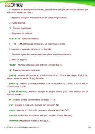 Curso Excel 2010 – Alfredo Rico – RicoSoft 2011 284
# : Reserva un dígito para un número, pero si no se completa el tamaño definido por
el formato se deja en blanco.
? : Reserva un dígito. Añade espacios en ceros insignificantes.
. : Punto decimal.
% : Símbolo porcentual.
, : Separador de millares.
E- E+ e- e+ : Notación científica.
$ - + / ( ) : : Muestra estos caracteres. No necesitan comillas.
 : Muestra el siguiente caracter en el formato.
* : Repite el siguiente caracter hasta completar el ancho de la celda.
_ : Deja un espacio
"texto" : Muestra el texto escrito entre la comillas dobles.
@ : Espacio reservado para texto.
[color] : Muestra el caracter en el color especificado. Puede ser Negro, Azul, Cian,
Verde, Magenta, Verde, Rojo y Amarillo.
[color n] : Muestra el correspondiente color de la paleta de colores, n puede ser un
número entre 0 y 56.
[valor condicion] : Permite escoger tu pròpio criterio para cada sección de un
formato numérico.
m : Muestra el mes como número sin ceros (1-12).
mm : Muestra el mes como número con ceros (01-12).
mmm : Muestra el nombre del mes como abreviación (Ene, Feb).
mmmm : Muestra el nombre del mes por completo (Enero, Febrero).
mmmmm : Muestra la inicial del mes (E, F).
 