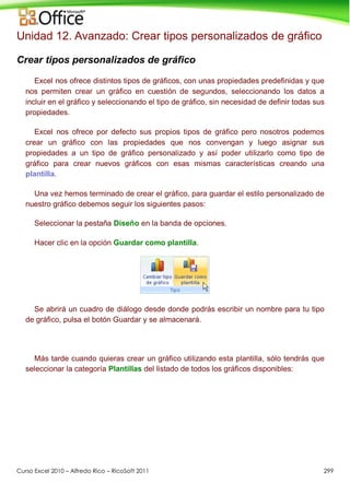 Curso Excel 2010 – Alfredo Rico – RicoSoft 2011 299
Unidad 12. Avanzado: Crear tipos personalizados de gráfico
Crear tipos personalizados de gráfico
Excel nos ofrece distintos tipos de gráficos, con unas propiedades predefinidas y que
nos permiten crear un gráfico en cuestión de segundos, seleccionando los datos a
incluir en el gráfico y seleccionando el tipo de gráfico, sin necesidad de definir todas sus
propiedades.
Excel nos ofrece por defecto sus propios tipos de gráfico pero nosotros podemos
crear un gráfico con las propiedades que nos convengan y luego asignar sus
propiedades a un tipo de gráfico personalizado y así poder utilizarlo como tipo de
gráfico para crear nuevos gráficos con esas mismas características creando una
plantilla.
Una vez hemos terminado de crear el gráfico, para guardar el estilo personalizado de
nuestro gráfico debemos seguir los siguientes pasos:
Seleccionar la pestaña Diseño en la banda de opciones.
Hacer clic en la opción Guardar como plantilla.
Se abrirá un cuadro de diálogo desde donde podrás escribir un nombre para tu tipo
de gráfico, pulsa el botón Guardar y se almacenará.
Más tarde cuando quieras crear un gráfico utilizando esta plantilla, sólo tendrás que
seleccionar la categoría Plantillas del listado de todos los gráficos disponibles:
 