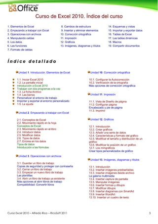 Curso Excel 2010 – Alfredo Rico – RicoSoft 2011 3
Curso de Excel 2010. Índice del curso
1. Elementos de Excel 8. Cambios de estructura 14. Esquemas y vistas
2. Empezando a trabajar con Excel 9. Insertar y eliminar elementos 15. Importar y exportar datos
3. Operaciones con archivos 10. Corrección ortográfica 16. Tablas de Excel
4. Manipulando celdas 11. Impresión 17. Las tablas dinámicas
5. Los datos 12. Gráficos 18. Macros
6. Las funciones 13. Imágenes, diagramas y títulos 19. Compartir documentos
7. Formato de celdas
Í n d i c e d e t a l l a d o
Unidad 1. Introducción. Elementos de Excel
1.1. Iniciar Excel 2010
1.2. La pantalla inicial
Introducción a Excel 2010
Trabajar con dos programas a la vez
1.3. La ficha Archivo
1.4. Las barras
Personalizar el entorno de trabajo
Importar y exportar el entorno personalizado
1.5. La ayuda
Unidad 2. Empezando a trabajar con Excel
2.1. Conceptos de Excel
2.2. Movimiento rápido en la hoja
Conceptos de Excel
2.3. Movimiento rápido en el libro
2.4. Introducir datos
2.5. Modificar datos
2.6. Tipos de datos
2.7. Errores en los datos
Tipos de datos
Introducción a las fórmulas
Unidad 3. Operaciones con archivos
3.1. Guardar un libro de trabajo
Copias de seguridad y proteger con contraseña
3.2. Cerrar un libro de trabajo
3.3. Empezar un nuevo libro de trabajo
Las plantillas
3.4. Abrir un libro de trabajo ya existente
Más opciones al abrir libros de trabajo
Compatibilidad: Convertir libros
Unidad 10. Corrección ortográfica
10.1. Configurar la Autocorrección
10.2. Verificación de la ortografía
Más opciones de corrección ortográfica
Unidad 11. Impresión
11.1. Vista de Diseño de página
11.2. Configurar página
Encabezado y pie de página
11.3. Imprimir
Unidad 12. Gráficos
12.1. Introducción
12.2. Crear gráficos
12.3. Añadir una serie de datos
12.4. Características y formato del gráfico
12.5. Modificar el tamaño y distribución de un
gráfico
12.6. Modificar la posición de un gráfico
12.7. Los minigráficos
Crear tipos personalizados de gráfico
Unidad 13. Imágenes, diagramas y títulos
13.1. Introducción
13.2. Insertar imágenes prediseñadas
13.3. Insertar imágenes desde archivo
La galería multimedia
13.4. Insertar captura de pantalla
13.5. Manipular imágenes
13.6. Insertar formas y dibujos
13.7. Modificar dibujos
13.8. Insertar diagramas con SmartArt
13.9. Insertar WordArt
13.10. Insertar un cuadro de texto
 