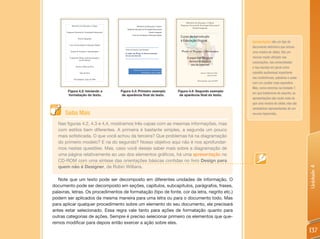 Ministério da Educação e Cultura
             Ministério da Educação e Cultura                                                                  Programa Nacional de Tecnologia Educacional
                                                                        Ministério da Educação e Cultura
                                                                                                                            Proinfo Integrado
                                                          Programa Nacional de Tecnologia Educacional
       Programa Nacional de Tecnologia Educacional                                        Proinfo Integrado
                                                                  Curso de Introdução à Educação Digital
                                                                                                               Curso de Introdução
                    Proinfo Integrado
                                                                                                               à Educação Digital                              Apresentações são um tipo de
          Curso de Introdução à Educação Digital
                                                                                                                                                               documento eletrônico que simula
                                                        Projeto de Pesquisa e Aprendizagem:
           Projeto de Pesquisa e Aprendizagem                                                                   Projeto de Pesquisa e Aprendizagem             uma mostra de slides. São um
                                                        O papel dos Blogs na democratização
                                                        do uso da Internet
          O papel dos Blogs na democratização e                                                                      O papel dos Blogs na                      recurso muito utilizado nas
                      uso da Internet
                                                                                                                      democratização e                         corporações, nas universidades
                                                                                                                        uso da Internet
                 Autores: Maria da Silva
                                                                                                                                                               e nas escolas em geral como
                                                                    Autores: Maria da Silva e João da Silva
                      João da Silva                                            Florianópolis, maio de 2009                           Autores: Maria da Silva   subsídio audiovisual importante
                                                                                                                                              João da Silva

               Florianópolis, maio de 2009
                                                                                                                                                               nas conferências, palestras e aulas
                                                                                                                                 Florianópolis, maio de 2009
                                                                                                                                                               com um caráter mais expositivo.
                                                                                                                                                               Mas, como veremos na Unidade 7,
        Figura 4.2: Iniciando a                      Figura 4.3: Primeiro exemplo                             Figura 4.4: Segundo exemplo
                                                                                                                                                               em que trataremos do assunto, as
        formatação do texto.                          de aparência final do texto.                             de aparência final do texto.
                                                                                                                                                               apresentações são muito mais do
                                                                                                                                                               que uma mostra de slides, elas são
                                                                                                                                                               verdadeiros representantes de um
      Saiba Mais                                                                                                                                               recurso hipermídia.

  Nas figuras 4.2, 4.3 e 4,4, mostramos três capas com as mesmas informações, mas
  com estilos bem diferentes. A primeira é bastante simples, a segunda um pouco
  mais sofisticada. O que você achou da terceira? Que problemas há na diagramação
  do primeiro modelo? E na do segundo? Nosso objetivo aqui não é nos aprofundar-
  mos nestas questões. Mas, caso você deseje saber mais sobre a diagramação de
  uma página relativamente ao uso dos elementos gráficos, há uma apresentação no
  CD-ROM com uma síntese das orientações básicas contidas no livro Design para
  quem não é Designer, de Robin Willians.




                                                                                                                                                                                                     Unidade 4
   Note que um texto pode ser decomposto em diferentes unidades de informação. O
documento pode ser decomposto em seções, capítulos, subcapítulos, parágrafos, frases,
palavras, letras. Os procedimentos de formatação (tipo de fonte, cor da letra, negrito etc.)
podem ser aplicados da mesma maneira para uma letra ou para o documento todo. Mas
para aplicar qualquer procedimento sobre um elemento do seu documento, ele precisará
antes estar selecionado. Essa regra vale tanto para ações de formatação quanto para
outras categorias de ações. Sempre é preciso selecionar primeiro os elementos que que-
remos modificar para depois então exercer a ação sobre eles.
                                                                                                                                                                                                     137
 