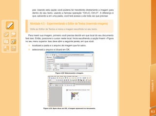 piar. Usando esta opção você poderia ter transferido diretamente a imagem para
      dentro do seu texto, usando a famosa operação “Ctrl+C; Ctrl+V”. A diferença é
      que, salvando-a em uma pasta, você terá acesso a ela toda vez que precisar.


    Atividade 4.5 - Experimentando o Editor de Textos (inserindo imagens)
    Volte ao Editor de Textos e insira a imagem escolhida no seu texto.

   Para inserir sua imagem, primeiro você precisa decidir em que local do seu documento
                                                                                     ›
fará isso. Então, posicione o cursor neste local. Inicie escolhendo a opção Inserir Figura
no seu menu superior. Isso deve abrir a seguinte janela, em que você:
  „„localizará a pasta e o arquivo de imagem que foi salvo.
  „„selecionará o arquivo e clicará em OK.




                                Figura 4.32: Selecionando a imagem.




                                                                                             Unidade 4
                  Figura 4.33: Após clicar em OK, a imagem aparecerá no documento.

                                                                                             153
 