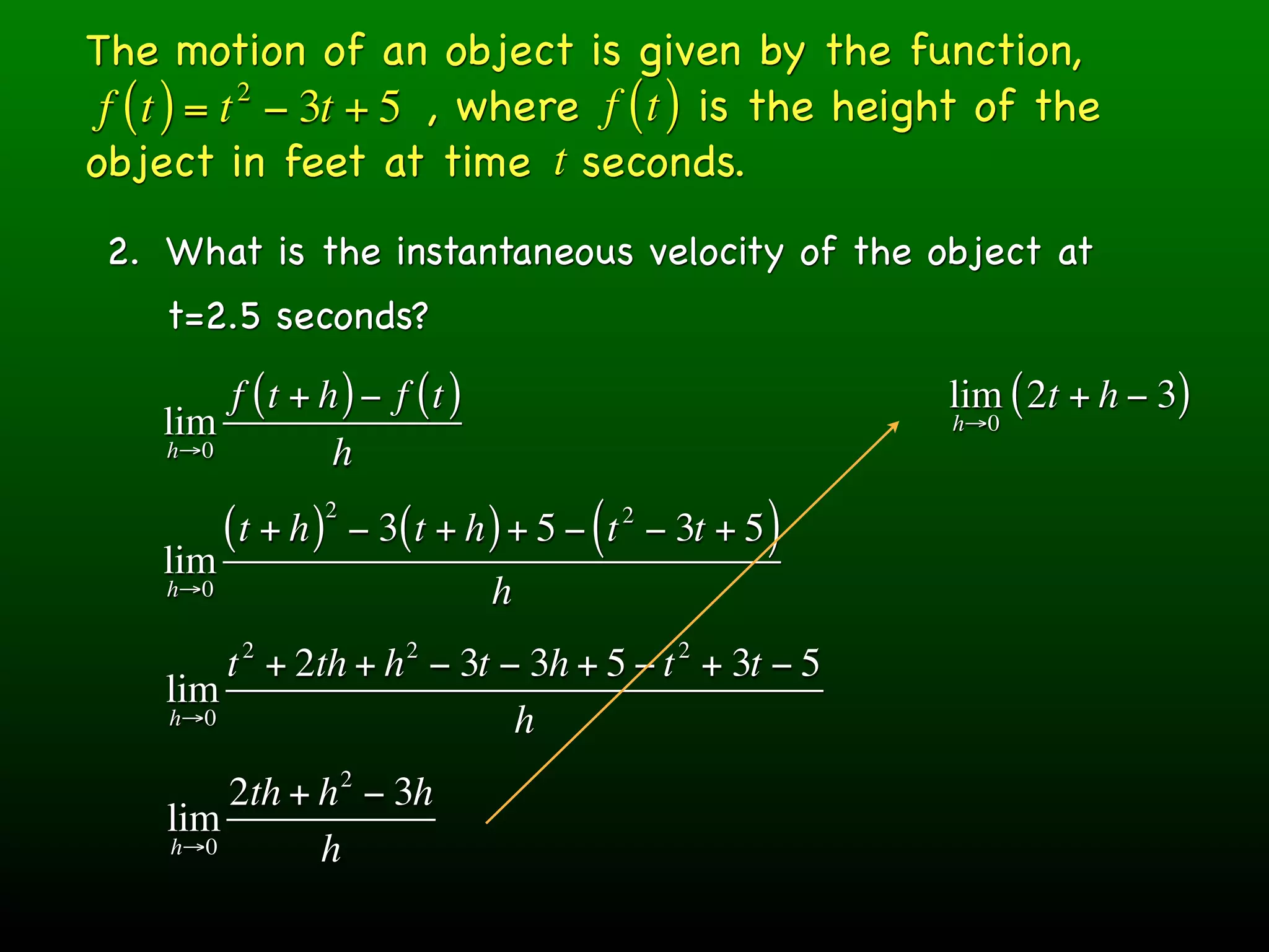 The motion of an object is given by the function,
 f ( t ) = t − 3t + 5 , where f ( t ) is the height of the
            2

object in feet at time t seconds.
 2. What is the instantaneous velocity of the object at
    t=2.5 seconds?
        f (t + h ) − f (t )                                  lim ( 2t + h − 3)
    lim                                                      h→0
    h→0         h
                     2
          (t + h )       − 3( t + h ) + 5 − ( t − 3t + 5 )
                                             2

    lim
    h→0                            h
           2                 2                    2
        t + 2th + h − 3t − 3h + 5 − t + 3t − 5
    lim
    h→0                   h
                         2
        2th + h − 3h
    lim
    h→0       h
 