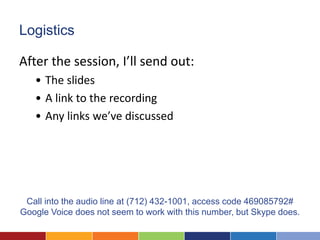 Logistics

After the session, I’ll send out:
   • The slides
   • A link to the recording
   • Any links we’ve discussed




 Call into the audio line at (712) 432-1001, access code 469085792#
Google Voice does not seem to work with this number, but Skype does.
 
