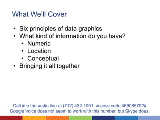 What We’ll Cover
 • Six principles of data graphics
 • What kind of information do you have?
   • Numeric
   • Location
   • Conceptual
 • Bringing it all together




 Call into the audio line at (712) 432-1001, access code 469085792#
Google Voice does not seem to work with this number, but Skype does.
 