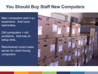 You Should Buy Staff New Computers

New computers aren’t so
expensive. And have
warranties.

Old computers = old
problems. And lots of
setup time.

Refurbished could make
sense for client facing
computers
 