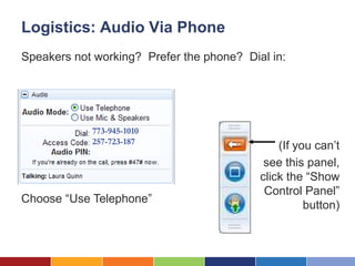 Logistics: Audio Via Phone
Speakers not working? Prefer the phone? Dial in:




            773-945-1010
            257-723-187
                                               (If you can’t
                                            see this panel,
                                           click the “Show
                                            Control Panel”
Choose “Use Telephone”
                                                     button)
 