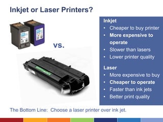 Inkjet or Laser Printers?
                                          Inkjet
                                          • Cheaper to buy printer
                                          • More expensive to
                                             operate
                   vs.                    • Slower than lasers
                                          • Lower printer quality

                                          Laser
                                          • More expensive to buy
                                          • Cheaper to operate
                                          • Faster than ink jets
                                          • Better print quality

The Bottom Line: Choose a laser printer over ink jet.
 