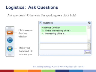 Logistics: Ask Questions
Ask questions! Otherwise I’m speaking to a black hole!



        Click to open
        the chat
        window



         Raise your
         hand and I’ll
         unmute you



                         Not hearing anything? Call 773-945-1010, access 257-723-187
 