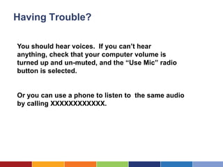 Having Trouble?

You should hear voices. If you can’t hear
anything, check that your computer volume is
turned up and un-muted, and the “Use Mic” radio
button is selected.


Or you can use a phone to listen to the same audio
by calling XXXXXXXXXXXX.
 