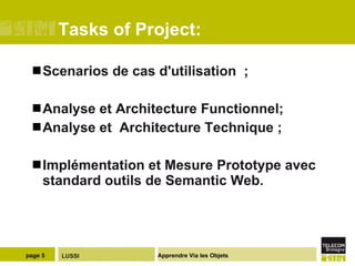Tasks of Project: Scenarios de  cas d'utilisation  ; Analyse et Architecture Functionnel; Analyse et  Architecture Technique ; Implémentation et Mesure Prototype avec standard outils de Semantic Web. 