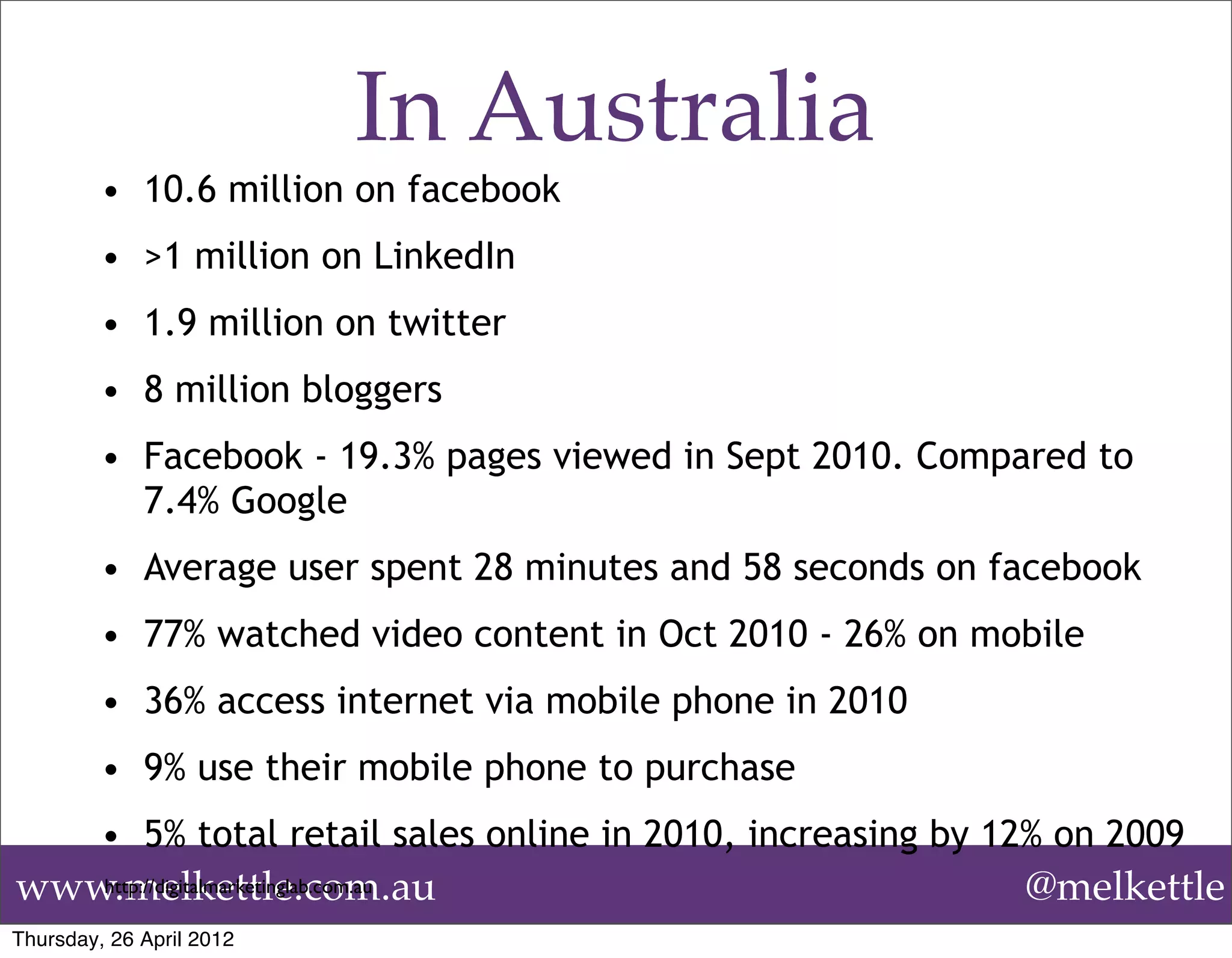 In Australia
         • 10.6 million on facebook
         • >1 million on LinkedIn
         • 1.9 million on twitter
         • 8 million bloggers
         • Facebook - 19.3% pages viewed in Sept 2010. Compared to
           7.4% Google
         • Average user spent 28 minutes and 58 seconds on facebook
         • 77% watched video content in Oct 2010 - 26% on mobile
         • 36% access internet via mobile phone in 2010
         • 9% use their mobile phone to purchase
         • 5% total retail sales online in 2010, increasing by 12% on 2009
www.melkettle.com.au
   http://digitalmarketinglab.com.au                            @melkettle
Thursday, 26 April 2012
 