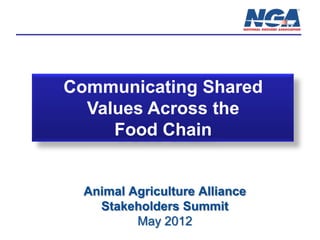 Communicating Shared
Values Across the
Food Chain

Animal Agriculture Alliance
Stakeholders Summit
May 2012

 