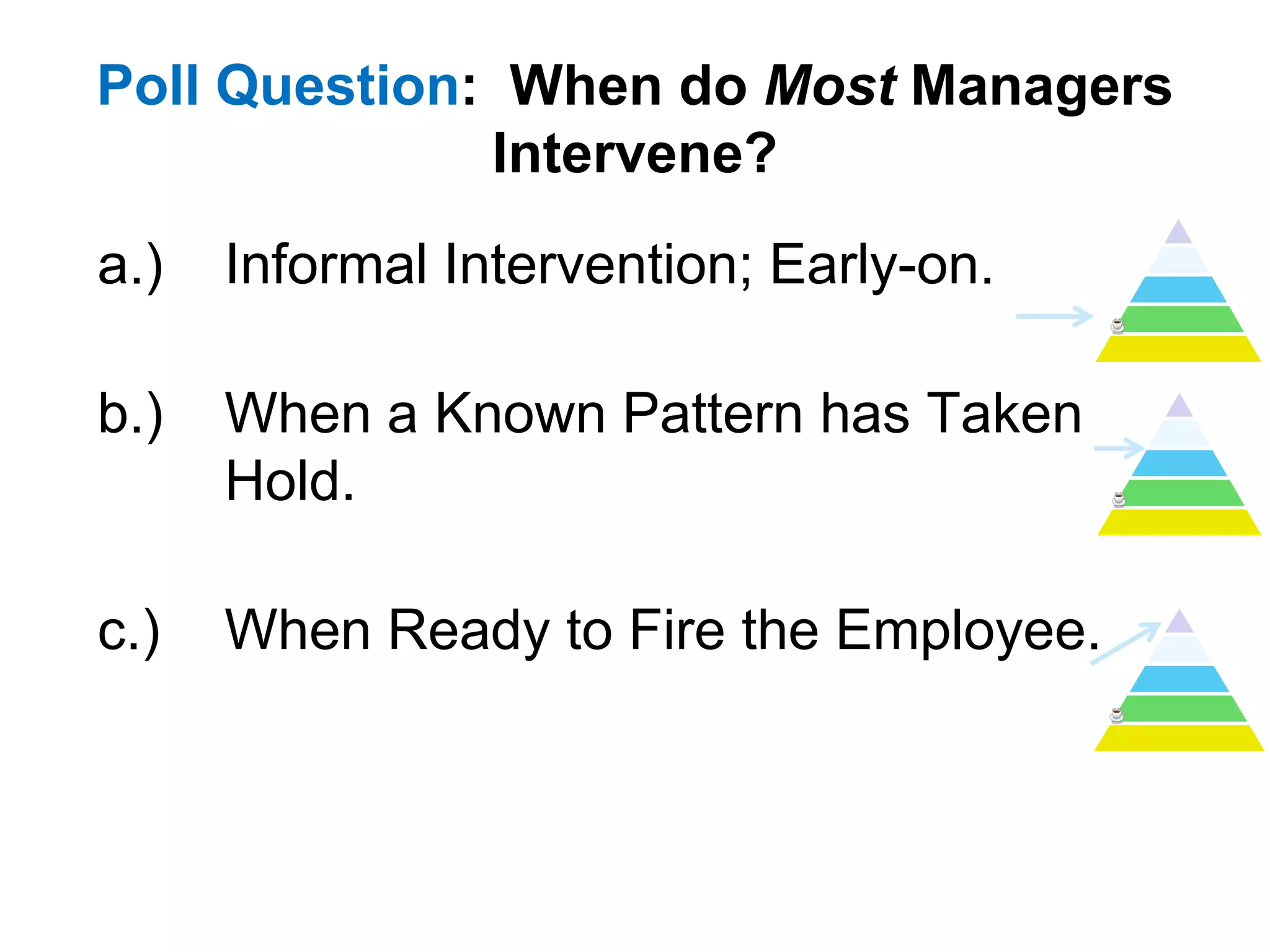 Poll Question: When do Most Managers
              Intervene?
a.)   Informal Intervention; Early-on.

b.)   When a Known Pattern has Taken
      Hold.

c.)   When Ready to Fire the Employee.
 