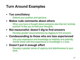Turn Around Examples

 Too conciliatory
   -   Defend your position and opinions.
 Makes rude comments about others
   -   When you have a thought about someone else that isn’t entirely
       positive I’d like you to hold your thoughts.
 Not resourceful; doesn’t dig to find answers
   -   Develop greater resourcefulness by digging to find answers.
 Condescending to those who are less experienced
   -   Use your experience and knowledge to helpfully and patiently
       mentor those with less experience or knowledge in x area.
 Doesn’t put in enough effort
   -   Develop a greater sense of urgency and attentiveness to your
       work.


                                                                      21
 