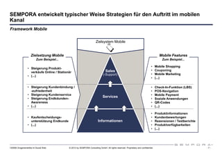 SEMPORA entwickelt typischer Weise Strategien für den Auftritt im mobilen
Kanal
Framework Mobile

                                                                      Zielsystem Mobile


                    Zielsetzung Mobile                                                                                                Mobile Features
                         Zum Beispiel...                                                                                                Zum Beispiel...

                                                                                                                              •     Mobile Shopping
                 • Steigerung Produkt-
                                                                                Sales                                         •     Couponing
                   verkäufe Online / Stationär
                                                                              (-Support)                                      •     Mobile Marketing
                 • (...)
                                                                                                                              •     (...)

                 • Steigerung Kundenbindung /                                                                                 •     Check-In-Funktion (LBS)
                   -zufriedenheit                                                                                             •     POS-Navigation
                 • Steigerung Kundenservice                                                                                   •     Mobile Payment
                 • Steigerung Endkdunden-
                                                                             Services
                                                                                                                              •     Soziale Anwendungen
                   Awareness                                                                                                  •     QR-Codes
                 • (...)                                                                                                      •     (...)

                                                                                                                              •     Produktinformationen
                 • Kaufentscheidungs-                                                                                         •     Kundenbewertungen
                   unterstützung Endkunde                                Informationen                                        •     Rezensionen / Testberichte
                 • (...)                                                                                                      •     Produktverfügbarkeiten
                                                                                                                              •     (...)




120508 Drogeriemärkte im Social Web         © 2012 by SEMPORA Consulting GmbH. All rights reserved. Proprietary and confidential.                                -7-
 