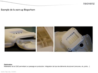 Exemple de la start-up Bioparhom




       Fabrication
       Réalisation de la CAO permettant un passage en production. ...