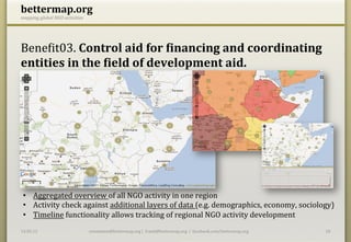 bettermap.org	
  
mapping	
  global	
  NGO	
  activities	
  




BeneHit03.	
  Control	
  aid	
  for	
  Pinancing	
  and	
  coordinating	
  
entities	
  in	
  the	
  Pield	
  of	
  development	
  aid.	
  	
  




 •  Aggregated	
  overview	
  of	
  all	
  NGO	
  activity	
  in	
  one	
  region	
  
 •  Activity	
  check	
  against	
  additional	
  layers	
  of	
  data	
  (e.g.	
  demographics,	
  economy,	
  sociology)	
  
 •  Timeline	
  functionality	
  allows	
  tracking	
  of	
  regional	
  NGO	
  activity	
  development	
  	
  
14.05.12	
                                   constantin@bettermap.org	
  |	
  	
  frank@bettermap.org	
  	
  |	
  	
  facebook.com/bettermap.org	
     18	
  
 
