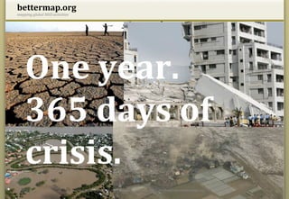 bettermap.org	
  
mapping	
  global	
  NGO	
  activities	
  




      One	
  year.	
  	
  
      365	
  days	
  of	
  
      crisis.	
  
14.05.12	
                                   constantin@bettermap.org	
  |	
  	
  frank@bettermap.org	
  	
  |	
  	
  facebook.com/bettermap.org	
     2	
  
 