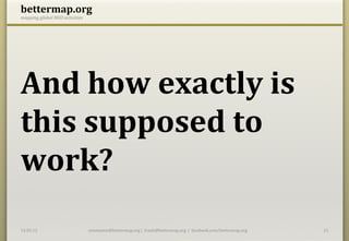 bettermap.org	
  
mapping	
  global	
  NGO	
  activities	
  




And	
  how	
  exactly	
  is	
  
this	
  supposed	
  to	
  
work?	
  
14.05.12	
                                   constantin@bettermap.org	
  |	
  	
  frank@bettermap.org	
  	
  |	
  	
  facebook.com/bettermap.org	
     21	
  
 