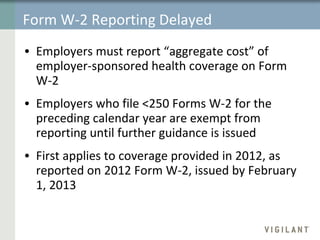Form W-2 Reporting Delayed Employers must report “aggregate cost” of employer-sponsored health coverage on Form  W-2 Employers who file <250 Forms W-2 for the preceding calendar year are exempt from reporting until further guidance is issued First applies to coverage provided in 2012, as reported on 2012 Form W-2, issued by February 1, 2013 