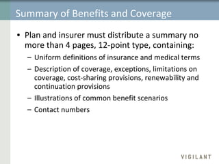 Summary of Benefits and Coverage  Plan and insurer must distribute a summary no more than 4 pages, 12-point type, containing: Uniform definitions of insurance and medical terms Description of coverage, exceptions, limitations on coverage, cost-sharing provisions, renewability and continuation provisions Illustrations of common benefit scenarios Contact numbers 