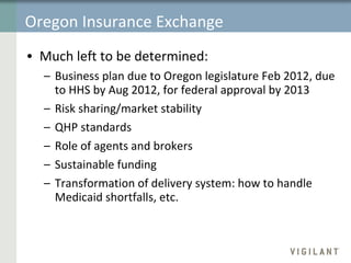 Oregon Insurance Exchange  Much left to be determined: Business plan due to Oregon legislature Feb 2012, due to HHS by Aug 2012, for federal approval by 2013 Risk sharing/market stability QHP standards Role of agents and brokers Sustainable funding  Transformation of delivery system: how to handle Medicaid shortfalls, etc. 