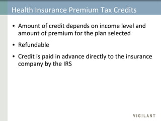 Health Insurance Premium Tax Credits Amount of credit depends on income level and amount of premium for the plan selected  Refundable Credit is paid in advance directly to the insurance company by the IRS 