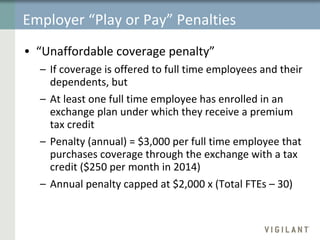 Employer “Play or Pay” Penalties “ Unaffordable coverage penalty”  If coverage is offered to full time employees and their dependents, but  At least one full time employee has enrolled in an exchange plan under which they receive a premium tax credit Penalty (annual) = $3,000 per full time employee that purchases coverage through the exchange with a tax credit ($250 per month in 2014)  Annual penalty capped at $2,000 x (Total FTEs – 30) 