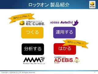 ロックオン 製品紹介




                                  つくる              運用する


                                分析する               はかる




Copyright c LOCKON CO.,LTD. All Rights Reserved.          4
 