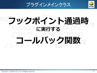 プラグインメインクラス


         フックポイント通過時
               CategoryContents.php
                      に実行する
               (プラグインメインクラス)
                    コールバック関数


Copyright c LOCKON CO.,LTD. All Rights Reserved.   41
 