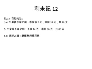 利未記 12
Ryan 看見的是 :
1-4 生男孩不潔之例：不潔淨 7 天，家居 33 天，共 40 天
5 生女孩不潔之例：不潔 14 天，家居 66 天，共 80 天
6-8 潔淨之禮：獻燔祭與贖罪祭
 