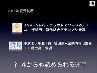 2011年度受賞歴


     ASP・SaaS・クラウドアワード2011
     ユーザ部門 初代総合グランプリ受賞


     平成 23 年度IT賞 社団法人企業情報化協会
     ＩＴ総合賞 受賞




  社外からも認められる運用
 