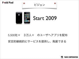 ビジョン




          Start 2009

5,500社＋ ３万人＋ のユーザへアプリを配布

安定的継続的にサービスを提供し、発展できる
 