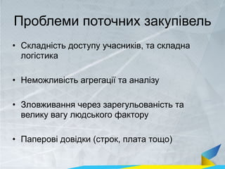 Проблеми поточних закупівель
• Складність доступу учасників, та складна
логістика
• Неможливість агрегації та аналізу
• Зл...