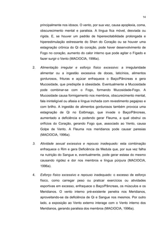 14


     principalmente nos idosos. O vento, por sua vez, causa apoplexia, coma,
     obscurecimento mental e paralisia. A língua fica móvel, desviada ou
     rígida. E, se houver um padrão de hiperexcitabilidade prolongada e
     hiperestimulação estressante do Shen do Coração ou se houver uma
     estagnação crônica do Qi do coração, pode haver desenvolvimento de
     Fogo no coração, aumento do calor interno que pode agitar o Fígado e
     fazer surgir o Vento (MACIOCIA, 1996a).

2.   Alimentação irregular e esforço físico excessivo: a irregularidade
     alimentar ou a ingestão excessiva de doces, laticínios, alimentos
     gordurosos, frituras e açúcar enfraquece o Baço/Pâncreas e gera
     Mucosidade, que predispõe à obesidade. Eventualmente a Mucosidade
     pode combinar-se com o Fogo, formando Mucosidade-Fogo. A
     Mucosidade causa formigamento nos membros, obscurecimento mental,
     fala ininteligível ou afasia e língua inchada com revestimento pegajoso e
     com brilho. A ingestão de alimentos gordurosos também provoca uma
     estagnação de Qi no Estômago, que invade o Baço/Pâncreas,
     aumentado a deficiência e podendo gerar Fleuma, a qual obstrui os
     orifícios do Coração, gerando Fogo que, associado ao Vento, causa
     Golpe de Vento. A Fleuma nos meridianos pode causar paresias
     (MACIOCIA, 1996a).

3.   Atividade sexual excessiva e repouso inadequado: esta combinação
     enfraquece o Rim e gera Deficiência da Medula que, por sua vez falha
     na nutrição do Sangue e, eventualmente, pode gerar estase do mesmo
     causando rigidez e dor nos membros e língua púrpura (MACIOCIA,
     1996a).

4.   Esforço físico excessivo e repouso inadequado: o excesso de esforço
     físico, como carregar peso ou praticar exercícios ou atividades
     esportivas em excesso, enfraquece o Baço/Pâncreas, os músculos e os
     Meridianos. O vento interno pré-existente penetra nos Meridianos,
     aproveitando-se da deficiência de Qi e Sangue nos mesmos. Por outro
     lado, a exposição ao Vento externo interage com o Vento interno dos
     Meridianos, gerando paralisia dos membros (MACIOCIA, 1996a).
 