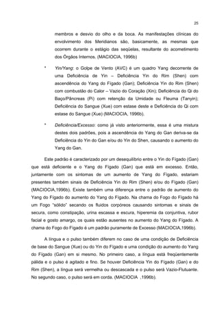 25


           membros e desvio do olho e da boca. As manifestações clínicas do
           envolvimento dos Meridianos são, basicamente, as mesmas que
           ocorrem durante o estágio das seqüelas, resultante do acometimento
           dos Órgãos Internos. (MACIOCIA, 1996b)

      *    Yin/Yang: o Golpe de Vento (AVC) é um quadro Yang decorrente de
           uma Deficiência de Yin – Deficiência Yin do Rim (Shen) com
           ascendência do Yang do Fígado (Gan); Deficiência Yin do Rim (Shen)
           com combustão do Calor – Vazio do Coração (Xin); Deficiência do Qi do
           Baço/Pâncreas (Pi) com retenção da Umidade ou Fleuma (Tanyin);
           Deficiência do Sangue (Xue) com estase deste e Deficiência do Qi com
           estase do Sangue (Xue) (MACIOCIA, 1996b).

      *    Deficiência/Excesso: como já visto anteriormente, essa é uma mistura
           destes dois padrões, pois a ascendência do Yang do Gan deriva-se da
           Deficiência do Yin do Gan e/ou do Yin do Shen, causando o aumento do
           Yang do Gan.

      Este padrão é caracterizado por um desequilíbrio entre o Yin do Fígado (Gan)
que está deficiente e o Yang do Fígado (Gan) que está em excesso. Então,
juntamente com os sintomas de um aumento de Yang do Fígado, estariam
presentes também sinais de Deficiência Yin do Rim (Shen) e/ou do Fígado (Gan)
(MACIOCIA,1996b). Existe também uma diferença entre o padrão de aumento do
Yang do Fígado do aumento do Yang do Fígado. Na chama do Fogo do Fígado há
um Fogo “sólido” secando os fluidos corpóreos causando sintomas e sinais de
secura, como constipação, urina escassa e escura, hiperemia da conjuntiva, rubor
facial e gosto amargo, os quais estão ausentes no aumento do Yang do Fígado. A
chama do Fogo do Fígado é um padrão puramente de Excesso (MACIOCIA,1996b).

      A língua e o pulso também diferem no caso de uma condição de Deficiência
de base do Sangue (Xue) ou do Yin do Fígado e uma condição do aumento do Yang
do Fígado (Gan) em si mesmo. No primeiro caso, a língua está freqüentemente
pálida e o pulso é agitado e fino. Se houver Deficiência Yin do Fígado (Gan) e do
Rim (Shen), a língua será vermelha ou descascada e o pulso será Vazio-Flutuante.
No segundo caso, o pulso será em corda. (MACIOCIA ,1996b).
 