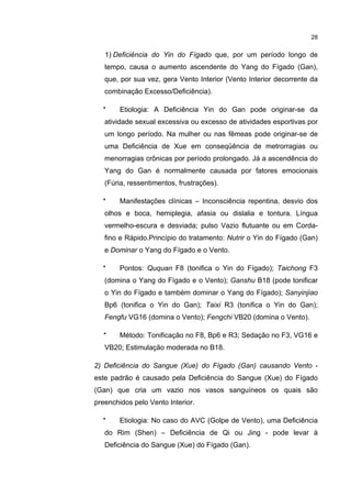 28


   1) Deficiência do Yin do Fígado que, por um período longo de
   tempo, causa o aumento ascendente do Yang do Fígado (Gan),
   que, por sua vez, gera Vento Interior (Vento Interior decorrente da
   combinação Excesso/Deficiência).

  *     Etiologia: A Deficiência Yin do Gan pode originar-se da
   atividade sexual excessiva ou excesso de atividades esportivas por
   um longo período. Na mulher ou nas fêmeas pode originar-se de
   uma Deficiência de Xue em conseqüência de metrorragias ou
   menorragias crônicas por período prolongado. Já a ascendência do
   Yang do Gan é normalmente causada por fatores emocionais
   (Fúria, ressentimentos, frustrações).

  *     Manifestações clínicas – Inconsciência repentina, desvio dos
   olhos e boca, hemiplegia, afasia ou dislalia e tontura. Língua
   vermelho-escura e desviada; pulso Vazio flutuante ou em Corda-
   fino e Rápido.Princípio do tratamento: Nutrir o Yin do Fígado (Gan)
   e Dominar o Yang do Fígado e o Vento.

  *     Pontos: Ququan F8 (tonifica o Yin do Fígado); Taichong F3
   (domina o Yang do Fígado e o Vento); Ganshu B18 (pode tonificar
   o Yin do Fígado e também dominar o Yang do Fígado); Sanyinjiao
   Bp6 (tonifica o Yin do Gan); Taixi R3 (tonifica o Yin do Gan);
   Fengfu VG16 (domina o Vento); Fengchi VB20 (domina o Vento).

  *     Método: Tonificação no F8, Bp6 e R3; Sedação no F3, VG16 e
   VB20; Estimulação moderada no B18.

2) Deficiência do Sangue (Xue) do Fígado (Gan) causando Vento -
este padrão é causado pela Deficiência do Sangue (Xue) do Fígado
(Gan) que cria um vazio nos vasos sanguíneos os quais são
preenchidos pelo Vento Interior.

  *     Etiologia: No caso do AVC (Golpe de Vento), uma Deficiência
   do Rim (Shen) – Deficiência de Qi ou Jing - pode levar à
   Deficiência do Sangue (Xue) do Fígado (Gan).
 