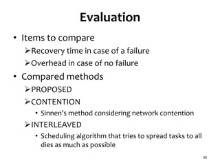 Evaluation
• Items to compare
Recovery time in case of a failure
Overhead in case of no failure
• Compared methods
PROPOSED
CONTENTION
• Sinnen’s method considering network contention
INTERLEAVED
• Scheduling algorithm that tries to spread tasks to all
dies as much as possible
30
 