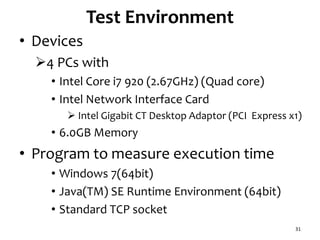 Test Environment
• Devices
4 PCs with
• Intel Core i7 920 (2.67GHz) (Quad core)
• Intel Network Interface Card
 Intel Gigabit CT Desktop Adaptor (PCI Express x1)
• 6.0GB Memory
• Program to measure execution time
• Windows 7(64bit)
• Java(TM) SE Runtime Environment (64bit)
• Standard TCP socket
31
 