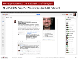 Korrespondierend: Die Resonanz auf Google+
46 „+1“, 36 Mal “geteilt“, 47 Kommentare (bei 9.000 Followern)
Montag, 21. Mai ...