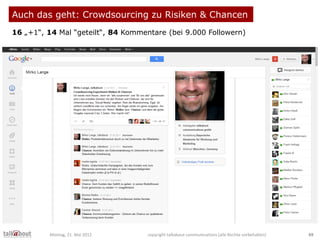 Auch das geht: Crowdsourcing zu Risiken & Chancen
16 „+1“, 14 Mal “geteilt“, 84 Kommentare (bei 9.000 Followern)
Montag, 2...