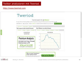 Twitter analysieren mit Tweriod
http://www.tweriod.com
Montag, 21. Mai 2012 copyright talkabout communications (alle Recht...