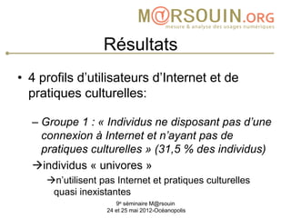 Résultats
• 4 profils d’utilisateurs d’Internet et de
  pratiques culturelles:

  – Groupe 1 : « Individus ne disposant pas d’une
    connexion à Internet et n’ayant pas de
    pratiques culturelles » (31,5 % des individus)
  individus « univores »
     n’utilisent pas Internet et pratiques culturelles
      quasi inexistantes
                      9e séminaire M@rsouin
                   24 et 25 mai 2012-Océanopolis
 
