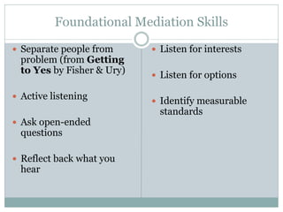 Foundational Mediation Skills

 Separate people from       Listen for interests
  problem (from Getting
  to Yes by Fisher & Ury)    Listen for options

 Active listening
                             Identify measurable
                              standards
 Ask open-ended
  questions

 Reflect back what you
  hear
 