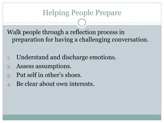 Helping People Prepare

Walk people through a reflection process in
 preparation for having a challenging conversation.

1. Understand and discharge emotions.
2. Assess assumptions.
3. Put self in other’s shoes.
4. Be clear about own interests.
 