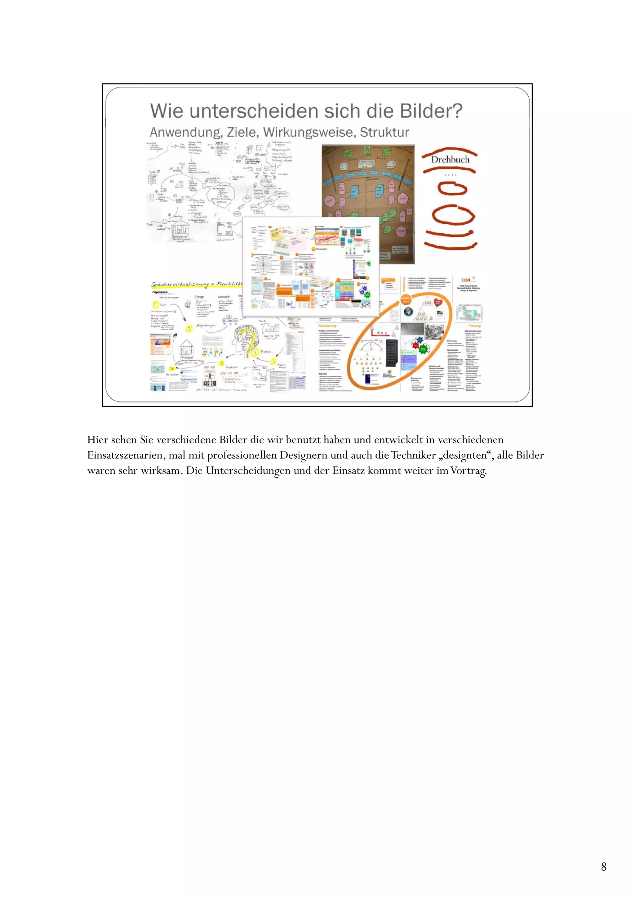Hier sehen Sie verschiedene Bilder die wir benutzt haben und entwickelt in verschiedenen
Einsatzszenarien, mal mit professionellen Designern und auch die Techniker „designten“, alle Bilder
waren sehr wirksam. Die Unterscheidungen und der Einsatz kommt weiter im Vortrag.




                                                                                                      8
 